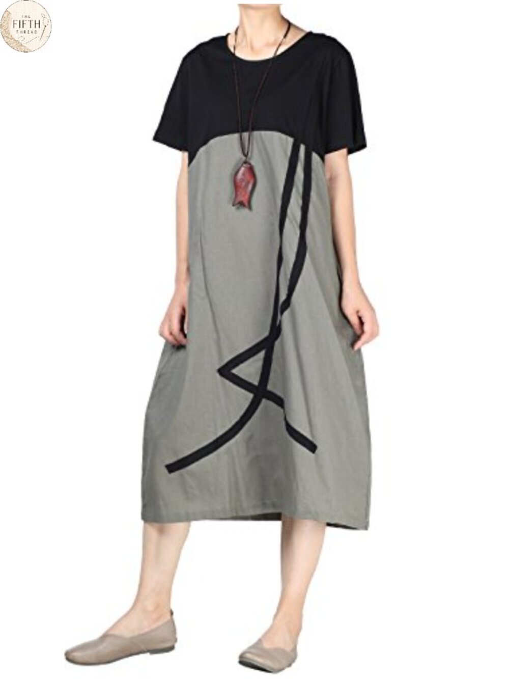 Women's Linen Cotton A-Line Tunic Dress Short Sleeve Midi Casual